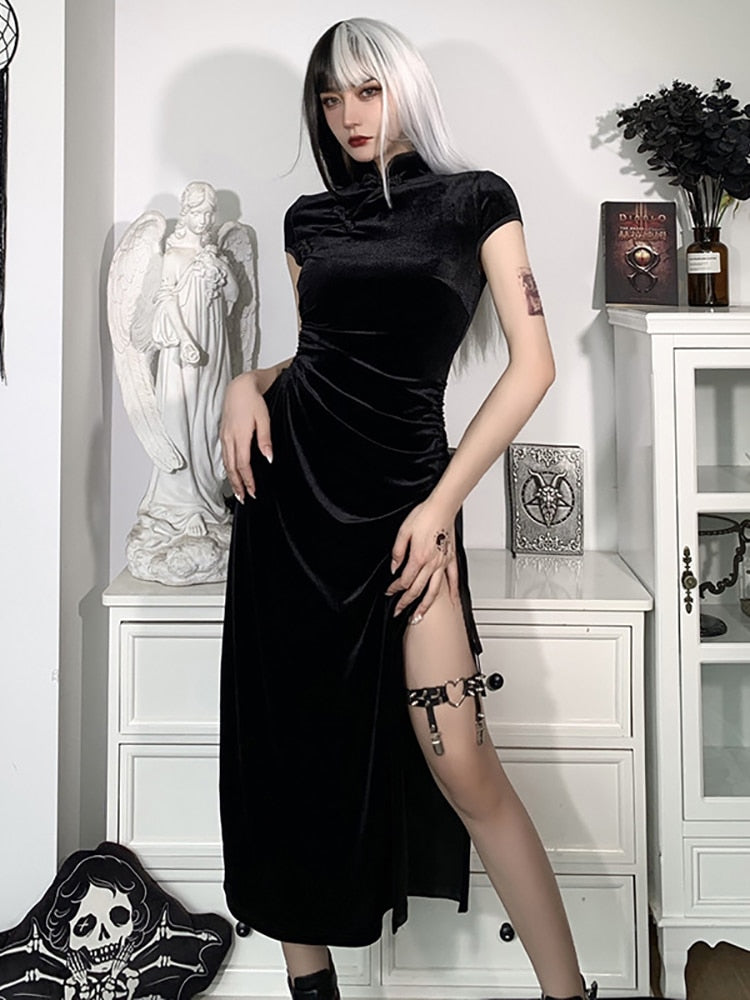 Goth Dark Romantic Gothic Velvet Aesthetic Dresses Vintage Women Black Bandage SlitHem Bodycon Dress Sexy Evening Wear Cheongsam black1XXXL Apparel & Accessories > Clothing > Dresses 71.99 EZYSELLA SHOP